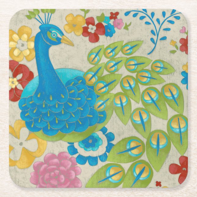 Colourful Peacock and Flowers Square Paper Coaster (Front)