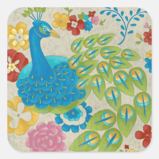 Colourful Peacock and Flowers Square Sticker (Front)
