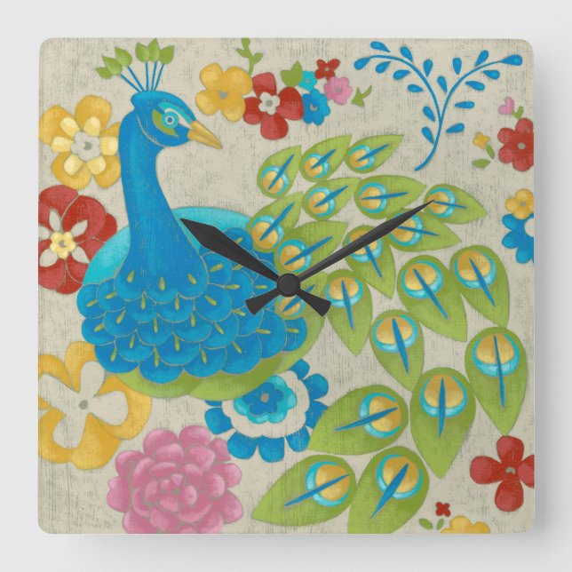 Colourful Peacock and Flowers Square Wall Clock (Front)
