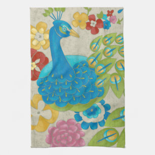 Colourful Peacock and Flowers Tea Towel