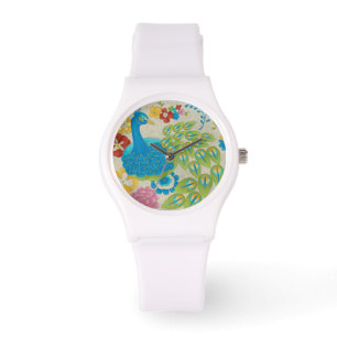 Colourful Peacock and Flowers Watch