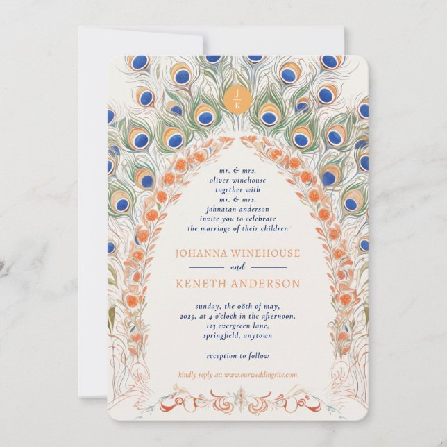 Colourful Peacock Arch | Monogram Wedding Invitation (Front)