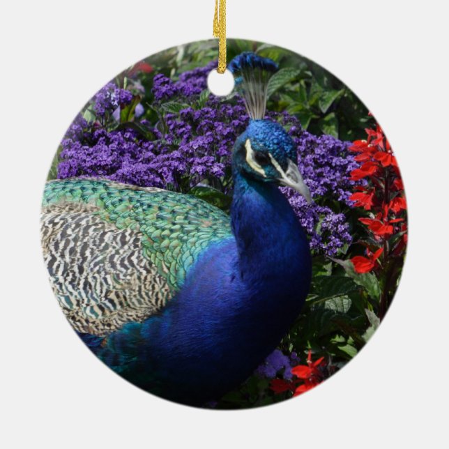 Colourful Peacock between purple flowers Ceramic Tree Decoration (Back)