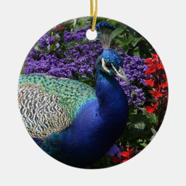 Colourful Peacock between purple flowers Ceramic Tree Decoration (Front)