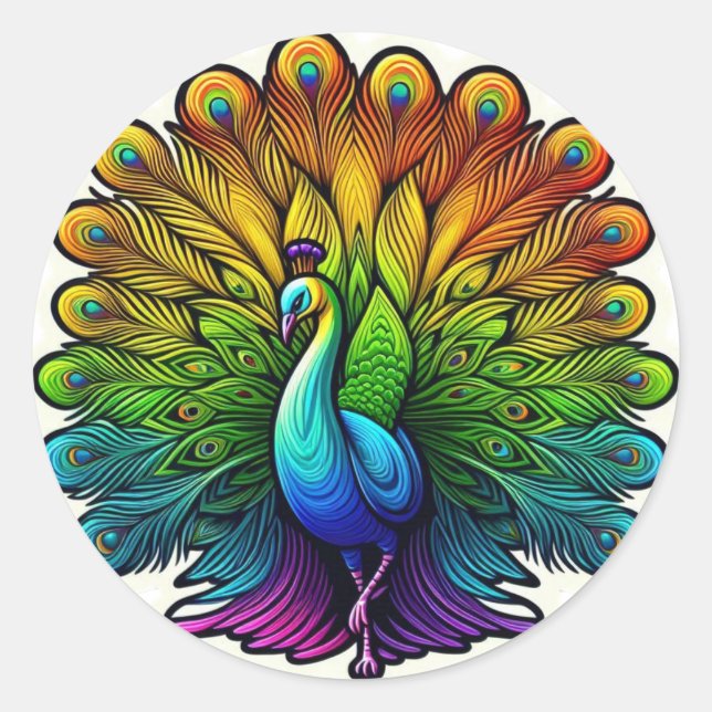Colourful Peacock Classic Round Sticker (Front)