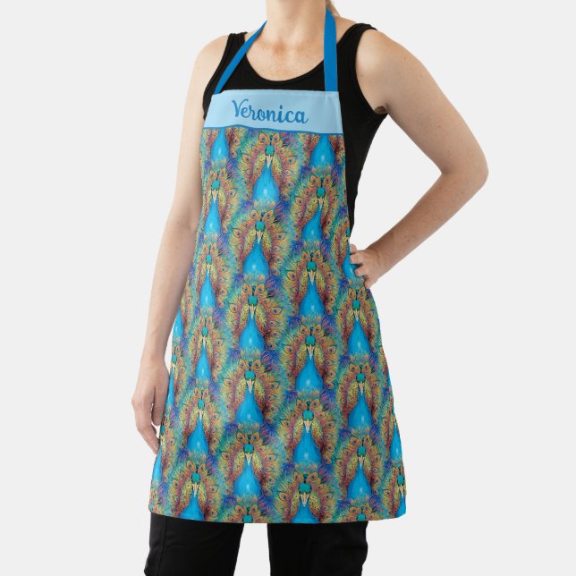 Colourful Peacock Design Blue Whimsical Feathers Apron (Insitu)