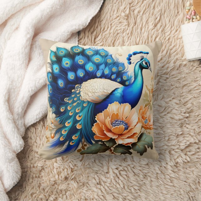 Colourful Peacock Displaying Feathers Among Flower Cushion (Blanket)