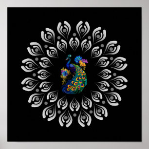 Colourful Peacock Dotting Mandala Template Poster