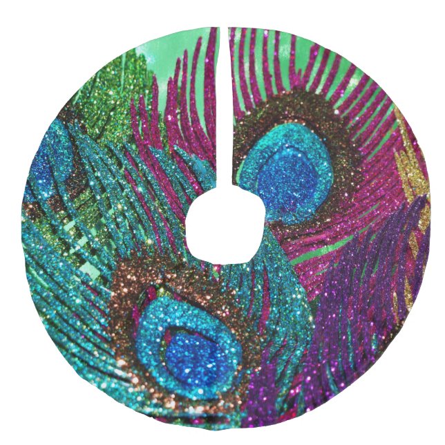 Colourful Peacock Faux Linen Tree Skirt (Front)