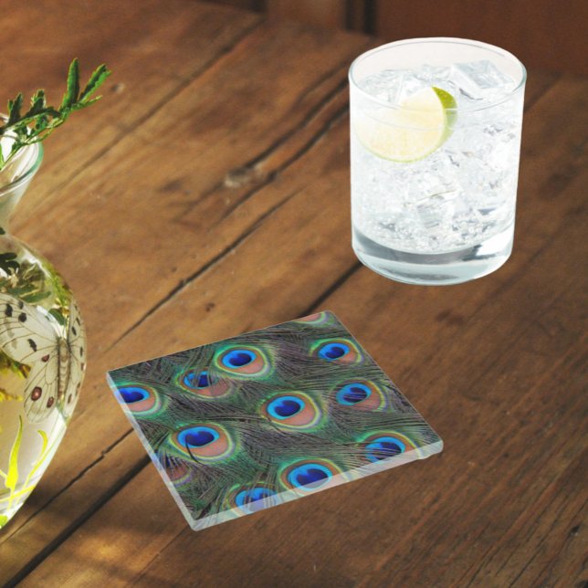 Colourful Peacock Feather Eyespot Pattern Glass Coaster (In Situ Glass)