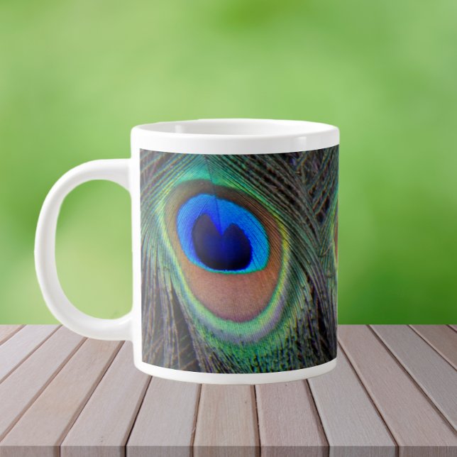 Colourful Peacock Feather Eyespot Pattern Large Coffee Mug (In Situ)