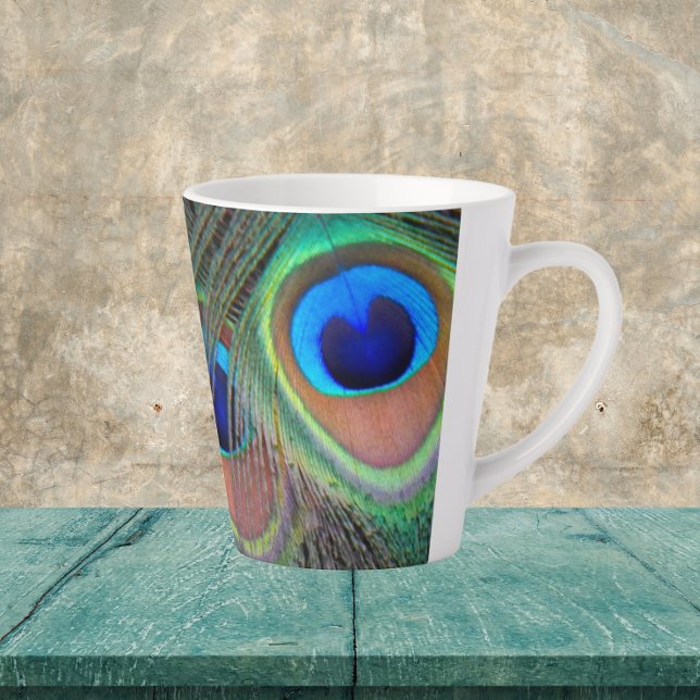 Colourful Peacock Feather Eyespot Pattern Latte Mu Latte Mug (In Situ Table)