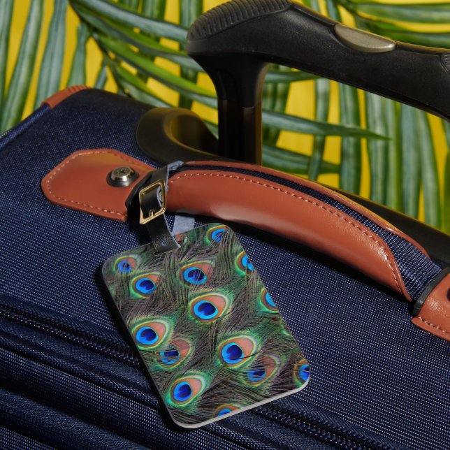 Colourful Peacock Feather Eyespot Pattern Luggage Tag (Front Insitu 1)