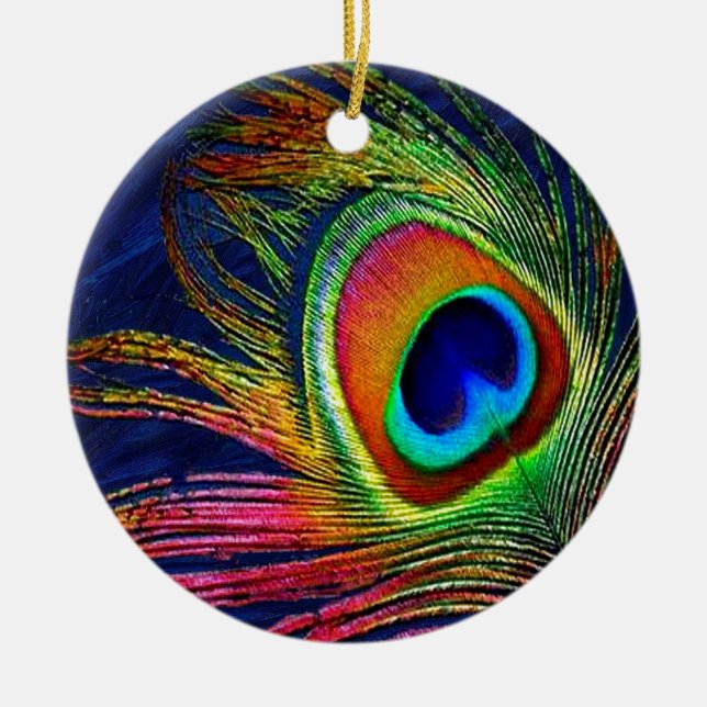 Colourful Peacock Feather Print Ceramic Ornament (Front)