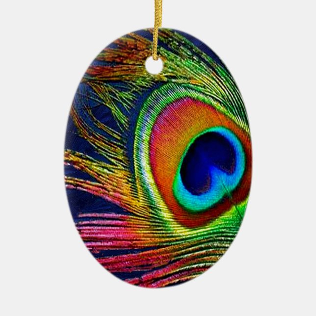 Colourful Peacock Feather Print Ceramic Ornament (Front)