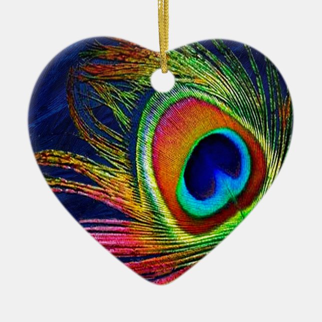 Colourful Peacock Feather Print Ceramic Ornament (Front)