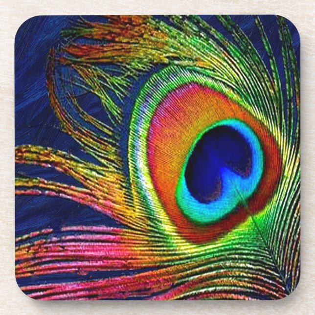Colourful Peacock Feather Print Coaster (Front)