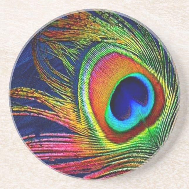 Colourful Peacock Feather Print Coaster (Front)