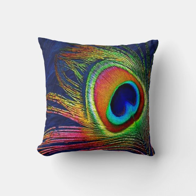 Colourful Peacock Feather Print Cushion (Front)