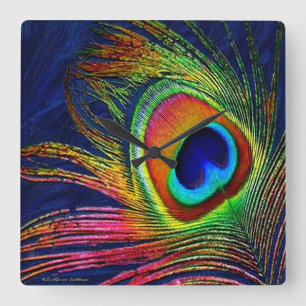 Colourful Peacock Feather Print Square Wall Clock