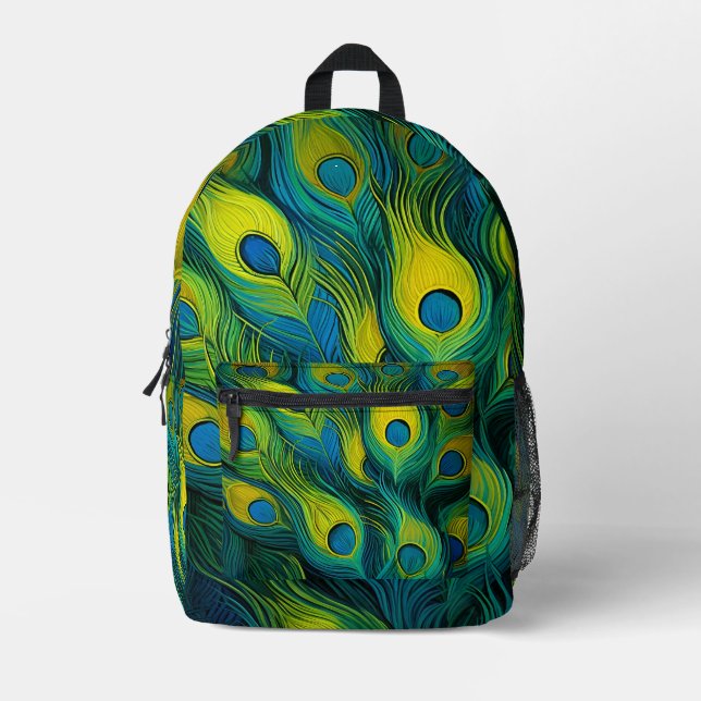Colourful Peacock feather Printed Backpack (Front)