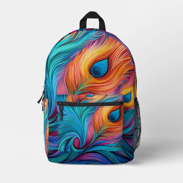 Colourful Peacock feather Printed Backpack (Front)