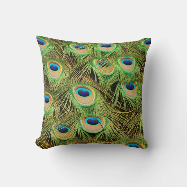 Colourful peacock feathers cushion (Front)