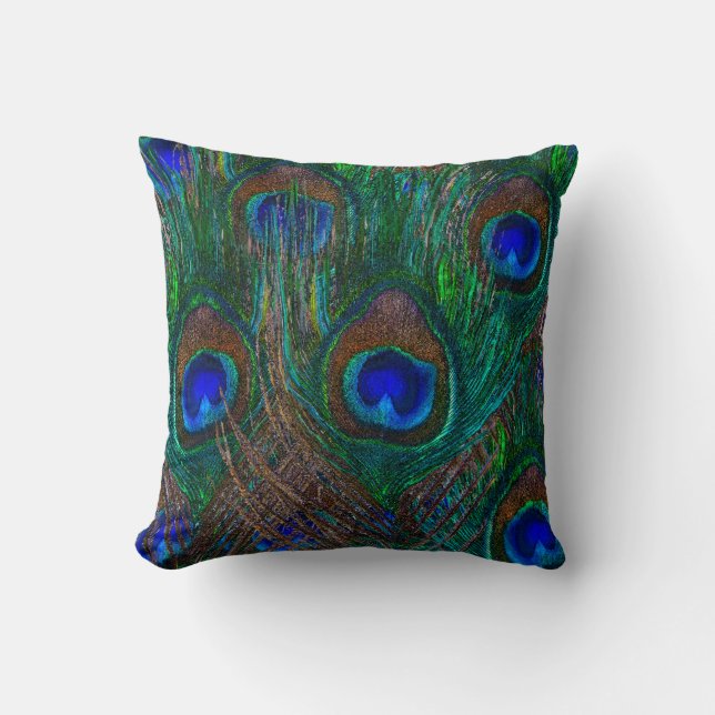 Colourful Peacock Feathers Etching Style Cushion (Front)