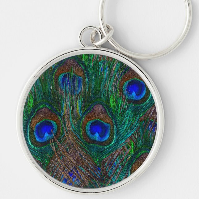 Colourful Peacock Feathers Etching Style Key Ring (Front)