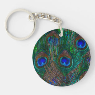 Colourful Peacock Feathers Etching Style Key Ring