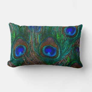 Colourful Peacock Feathers Etching Style Lumbar Cushion