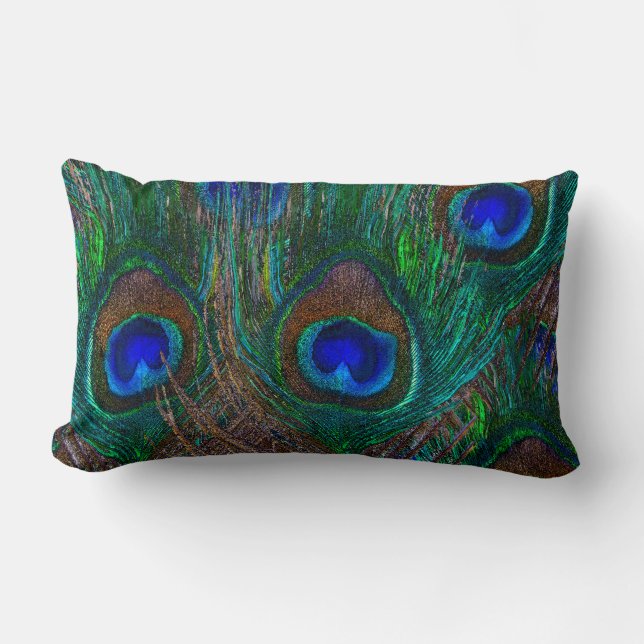 Colourful Peacock Feathers Etching Style Lumbar Cushion (Front)