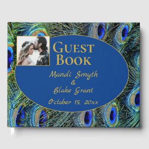 Colourful Peacock Feathers Gold Font Wedding Guest Book