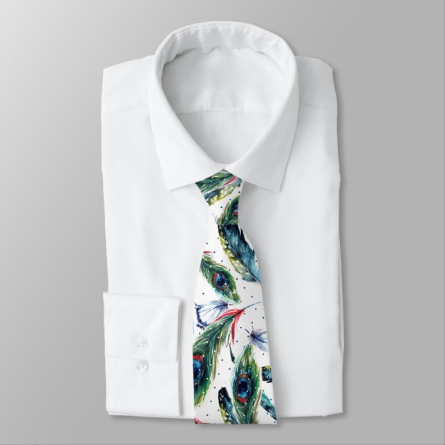 Colourful Peacock Feathers Pattern Tie (Tied)