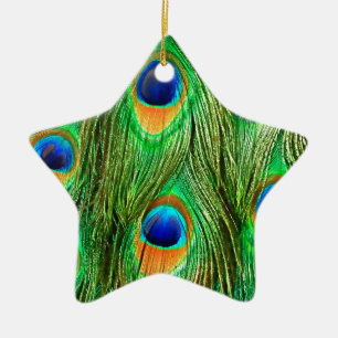 Colourful Peacock Feathers Print Ceramic Tree Decoration