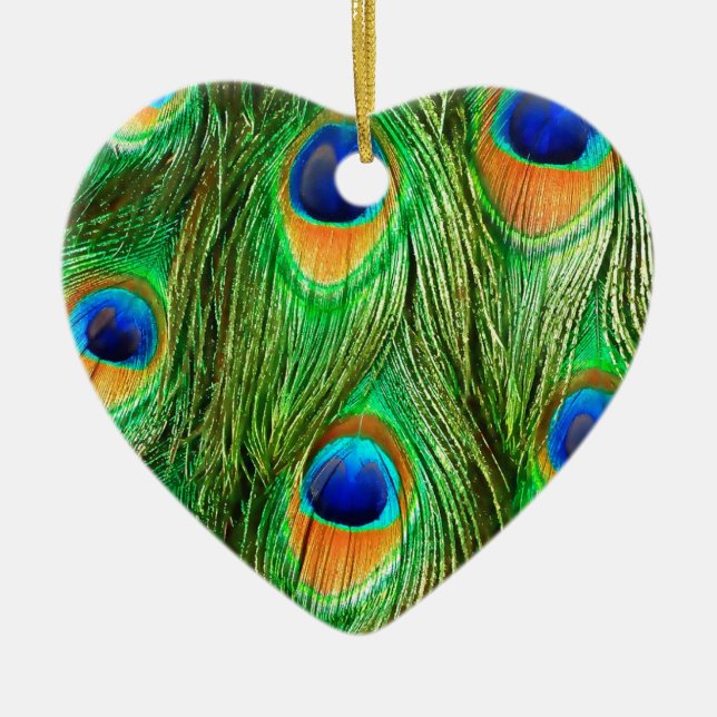 Colourful Peacock Feathers Print Ceramic Tree Decoration (Front)