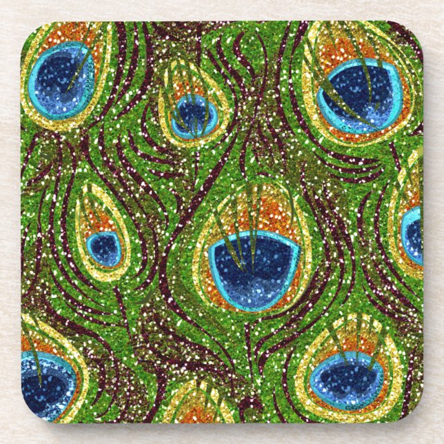 Colourful Peacock Feathers Print Coaster (Front)
