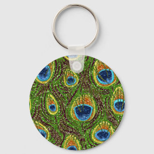 Colourful Peacock Feathers Print Key Ring