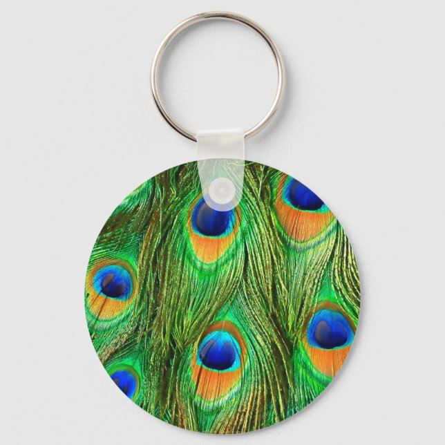 Colourful Peacock Feathers Print Key Ring (Front)
