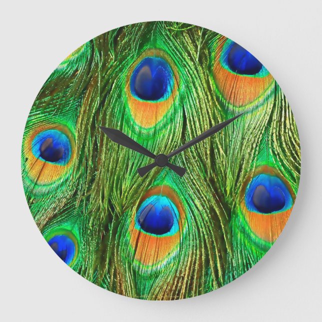 Colourful Peacock Feathers Print Large Clock (Front)
