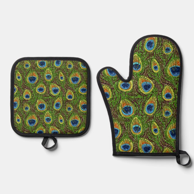 Colourful Peacock Feathers Print Oven Mitt & Pot Holder Set (Front)
