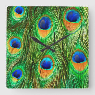 Colourful Peacock Feathers Print Square Wall Clock