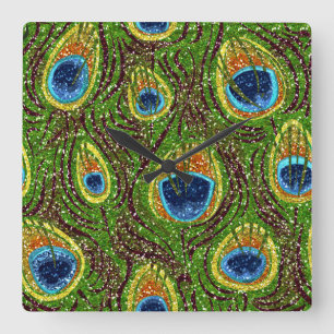 Colourful Peacock Feathers Print Square Wall Clock