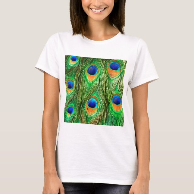 Colourful Peacock Feathers Print T-Shirt (Front)