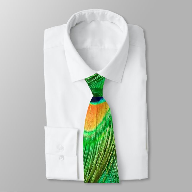 Colourful Peacock Feathers Print Tie (Tied)