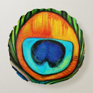 Colourful Peacock Firebird Feather Painting Round Cushion