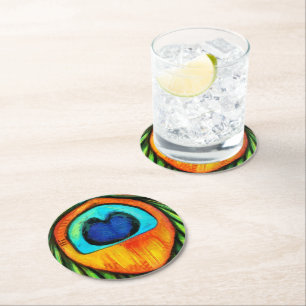 Colourful Peacock Firebird Feather Painting Round Paper Coaster