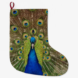 Colourful peacock large christmas stocking