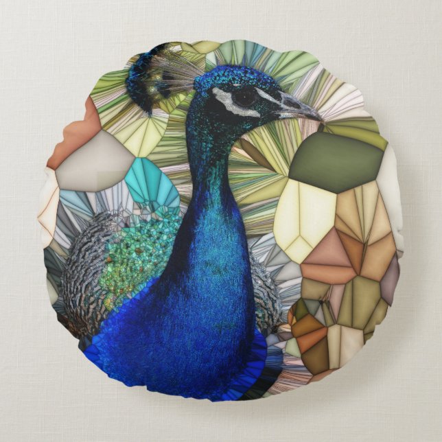 Colourful Peacock Mosaic Round Cushion (Front)