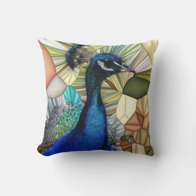 Colourful Peacock Mosaic Throw Pillow (Front)